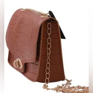 Royal Siamese Brown Croc Embossed Faux Leather Mini Handbag w/ detachable Chain